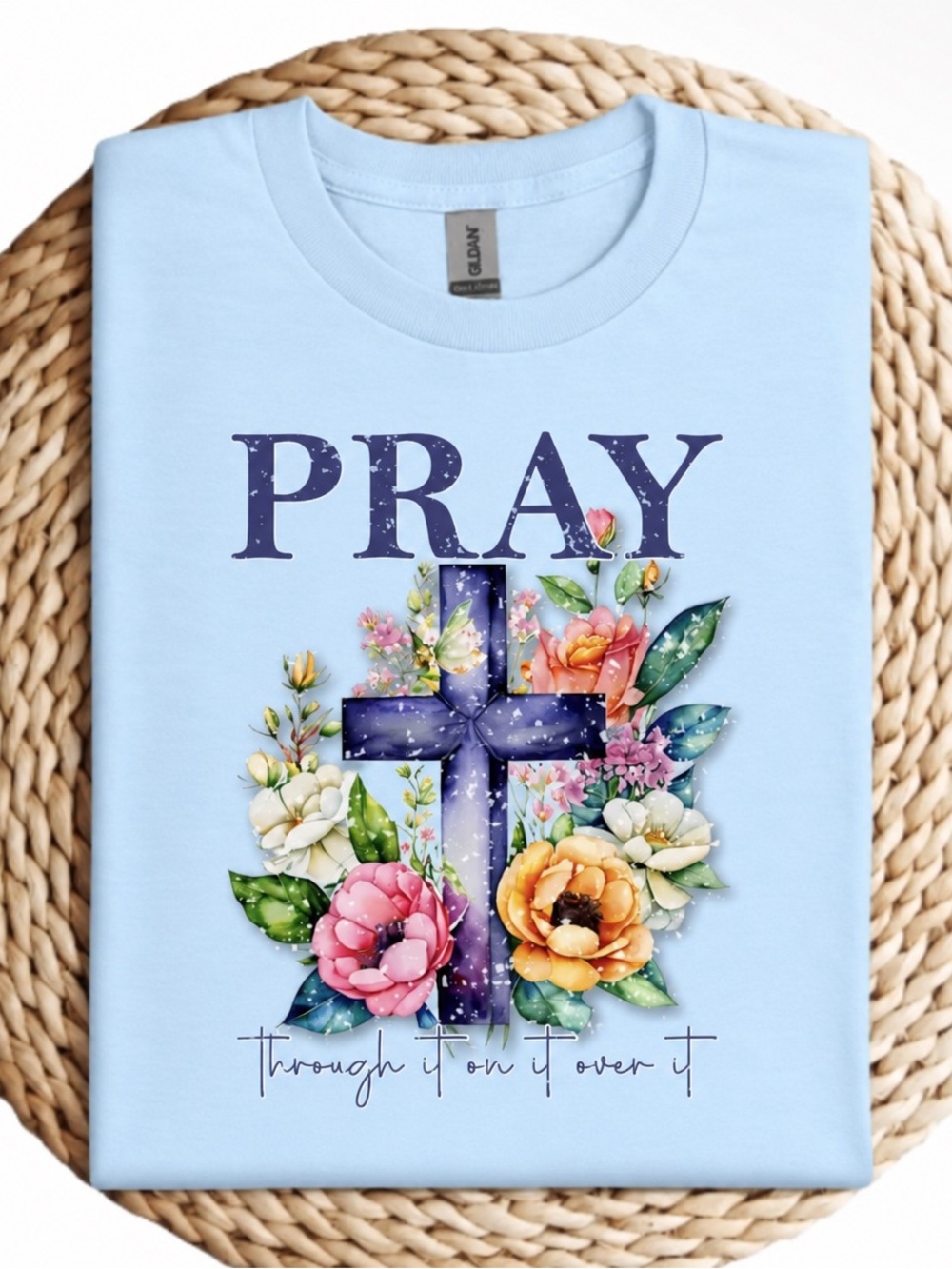 Pray through it, over it, on it Graphic Tee floral Cross soft tee shirt New